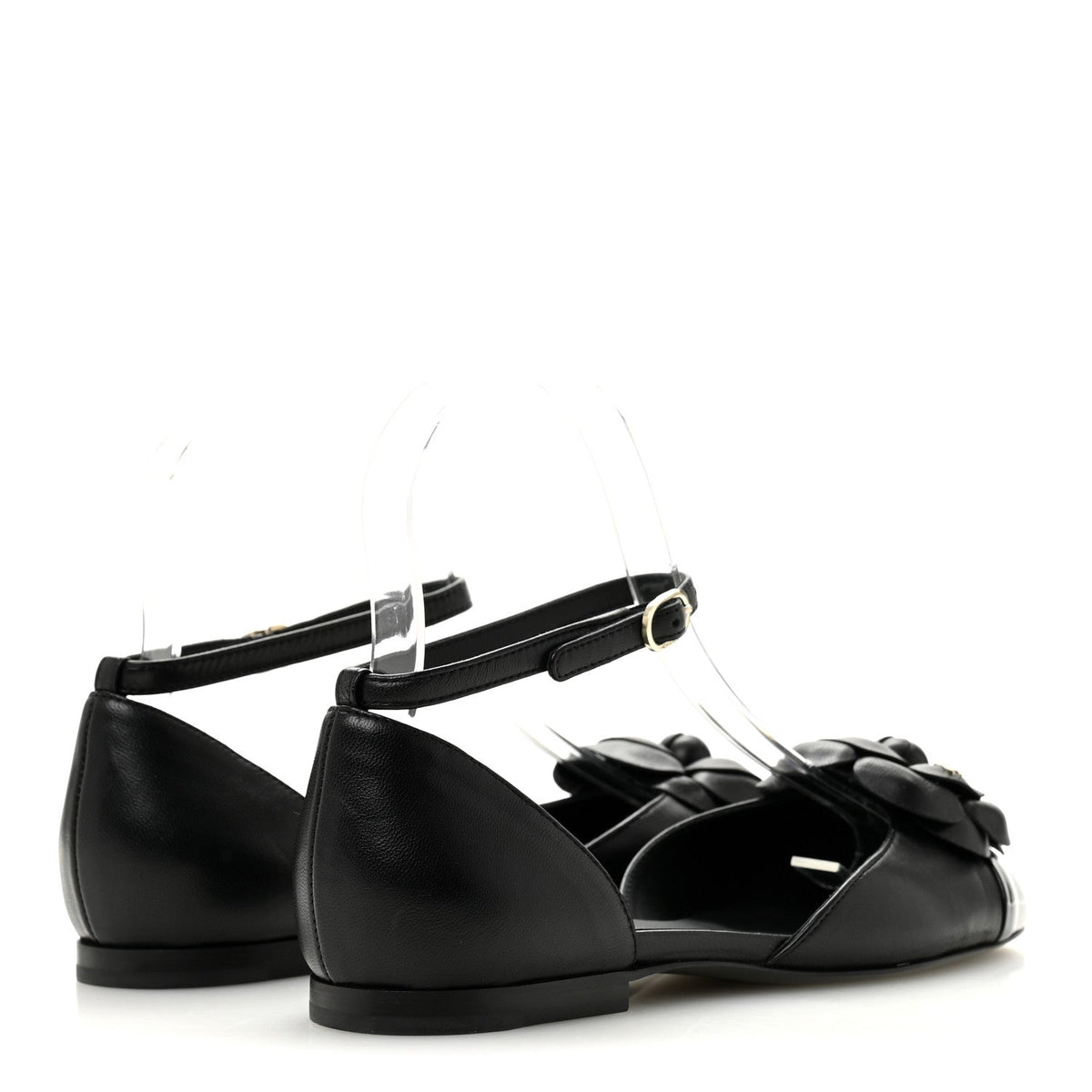 Lambskin Patent Calfskin Cap Toe Camellia Mary Jane Flats 36 Black