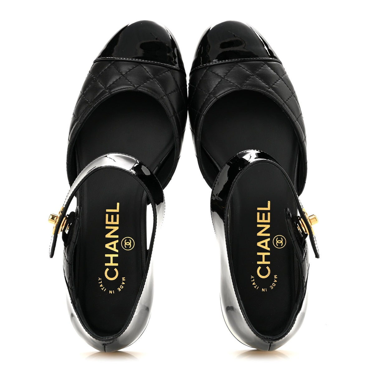 Patent Lambskin Quilted Cap Toe Ballerina Flats 36 Black