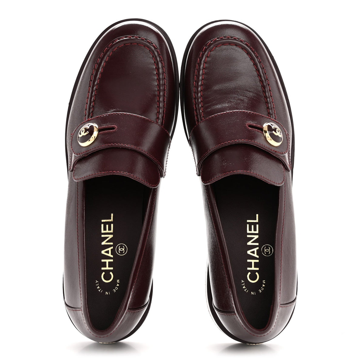 Shiny Calfskin CC Mocassin Loafers 39 Burgundy