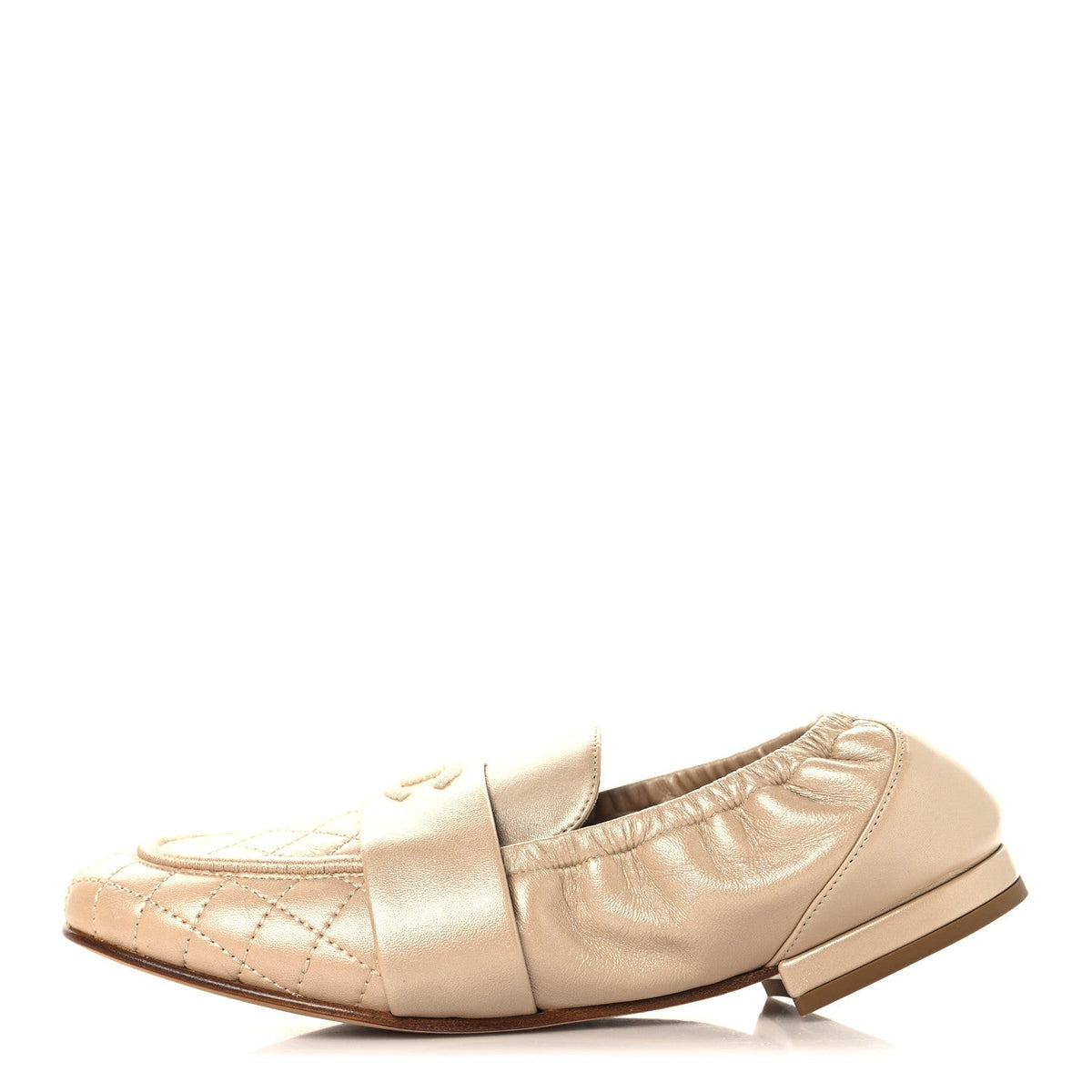 Laminated Lambskin Womens Quilted Elastic CC Moccasin Loafers 37.5 Beige