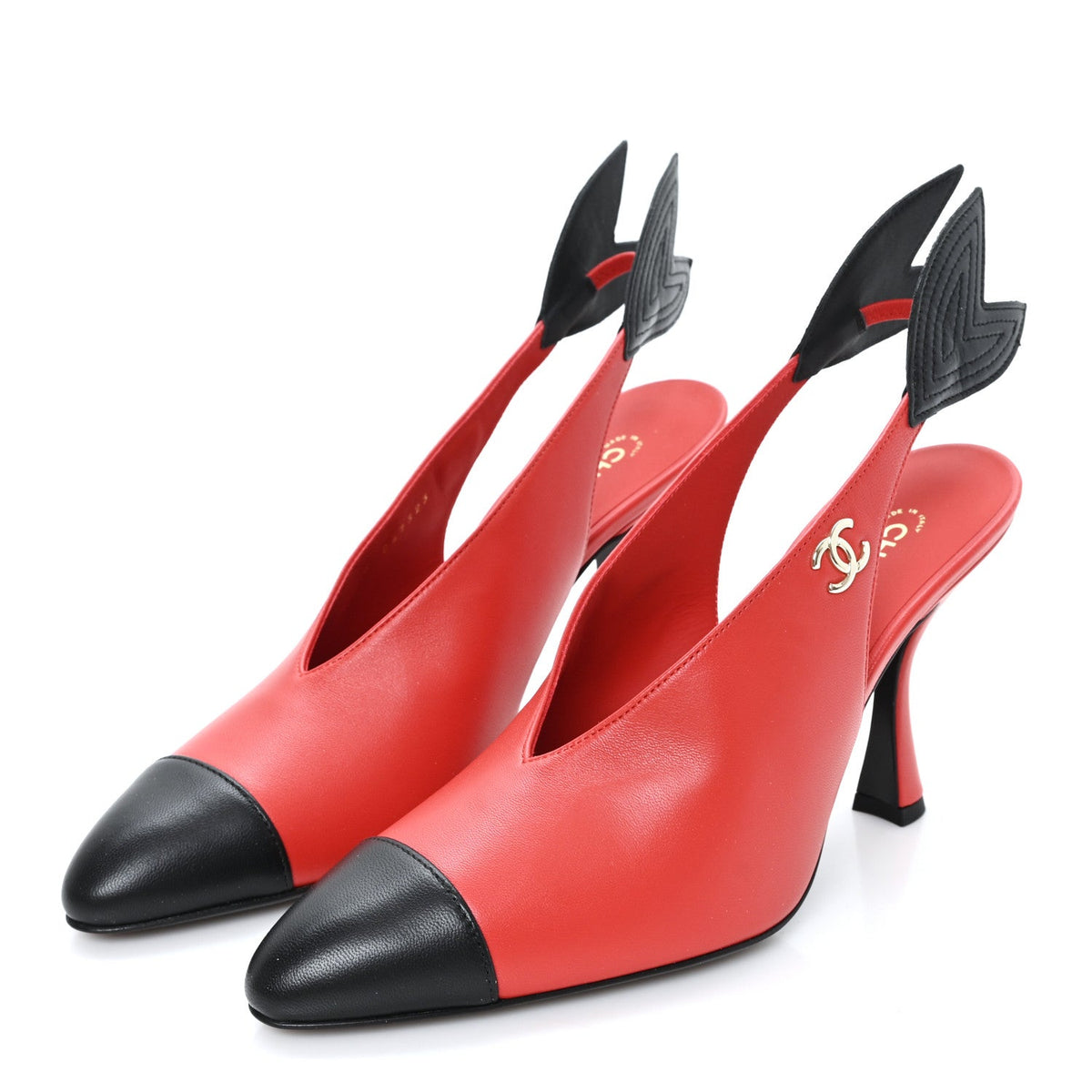 Lambskin Patent Calfskin Cap Toe CC Slingback Pumps 38 Red Black