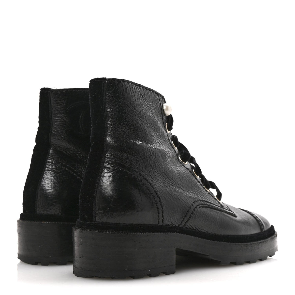 Shiny Calfskin Velvet Pearl Combat Short Boots 36 Black