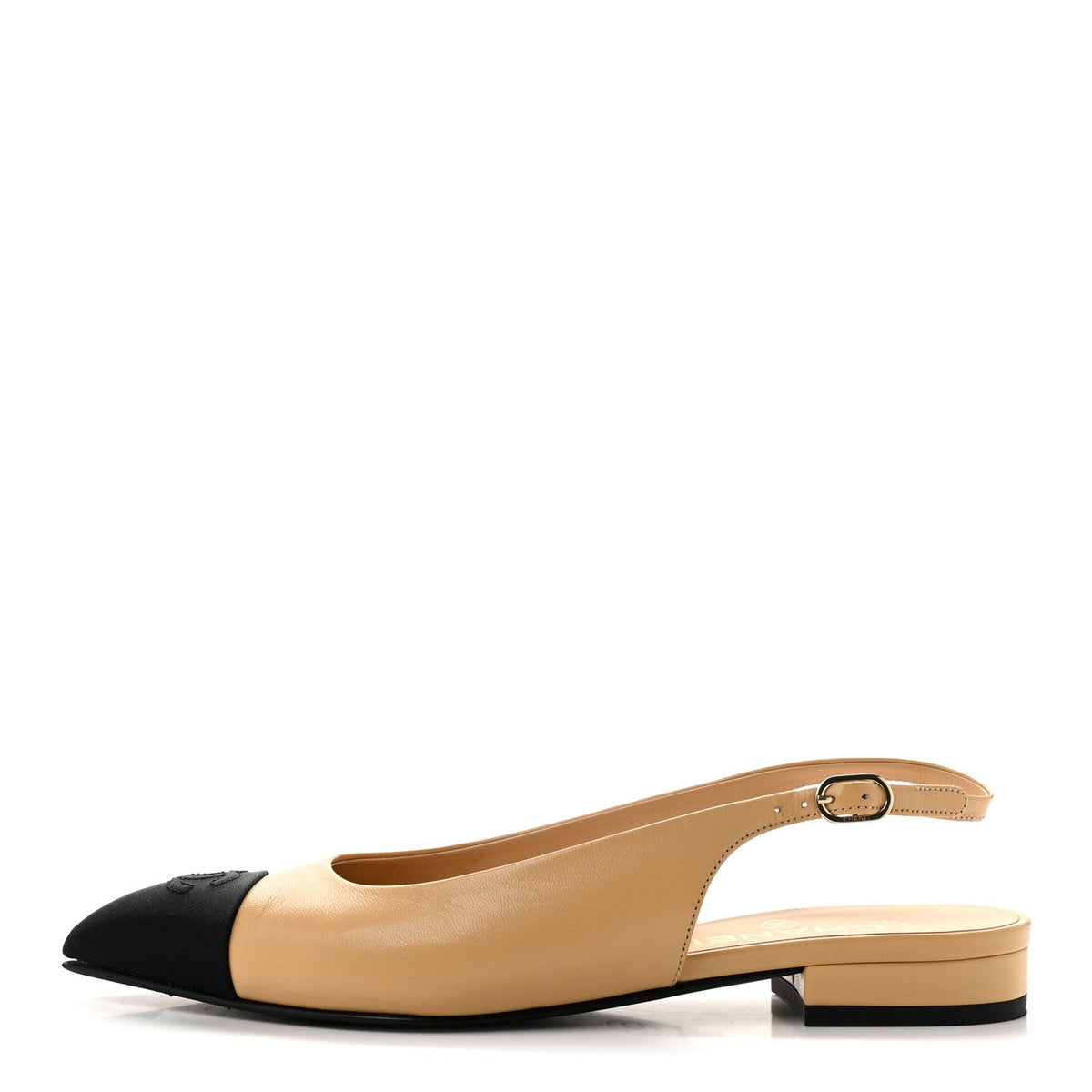 Goatskin Grosgrain Pointed Toe CC Slingback Flats 37 Beige Black
