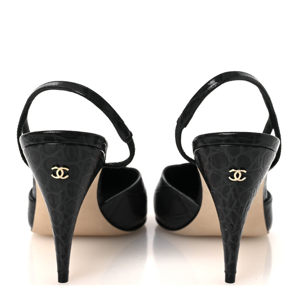 Patent Calfskin Crocodile Embossed Cap Toe CC Slingback Pumps 38.5 Dark Grey White