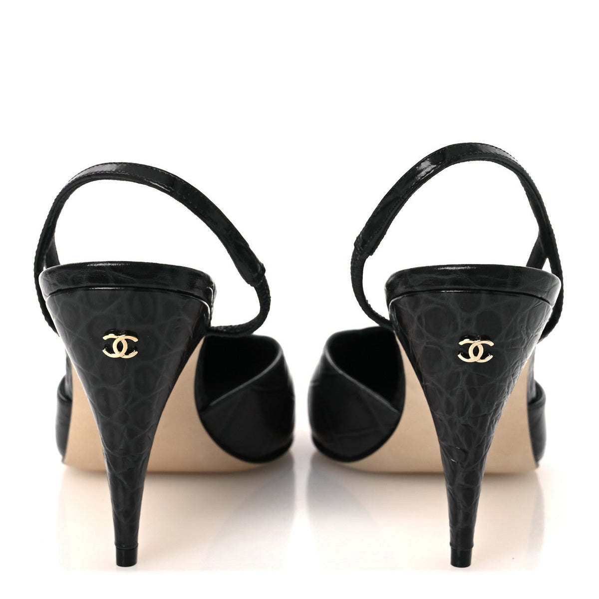 Patent Calfskin Crocodile Embossed Cap Toe CC Slingback Pumps 38.5 Dark Grey White