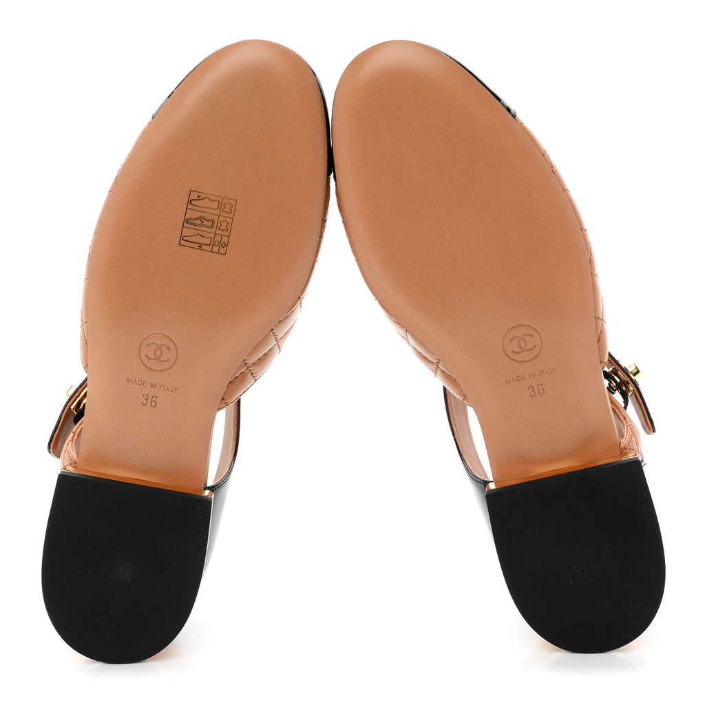 Patent Lambskin Quilted Cap Toe Ballerina Flats 36 Light Brown Black