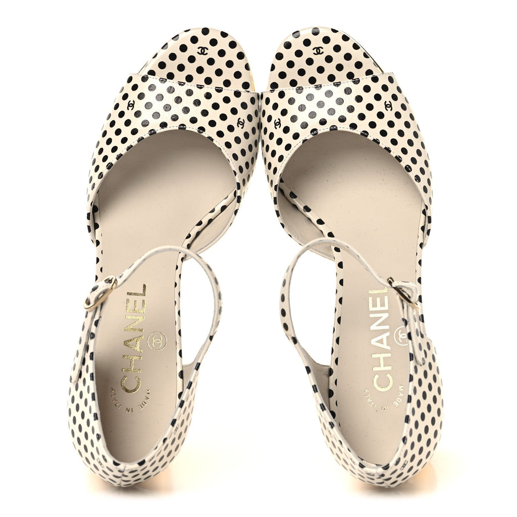 Printed Calfskin Polka Dot CC Platform Sandals 36.5 Ivory Black