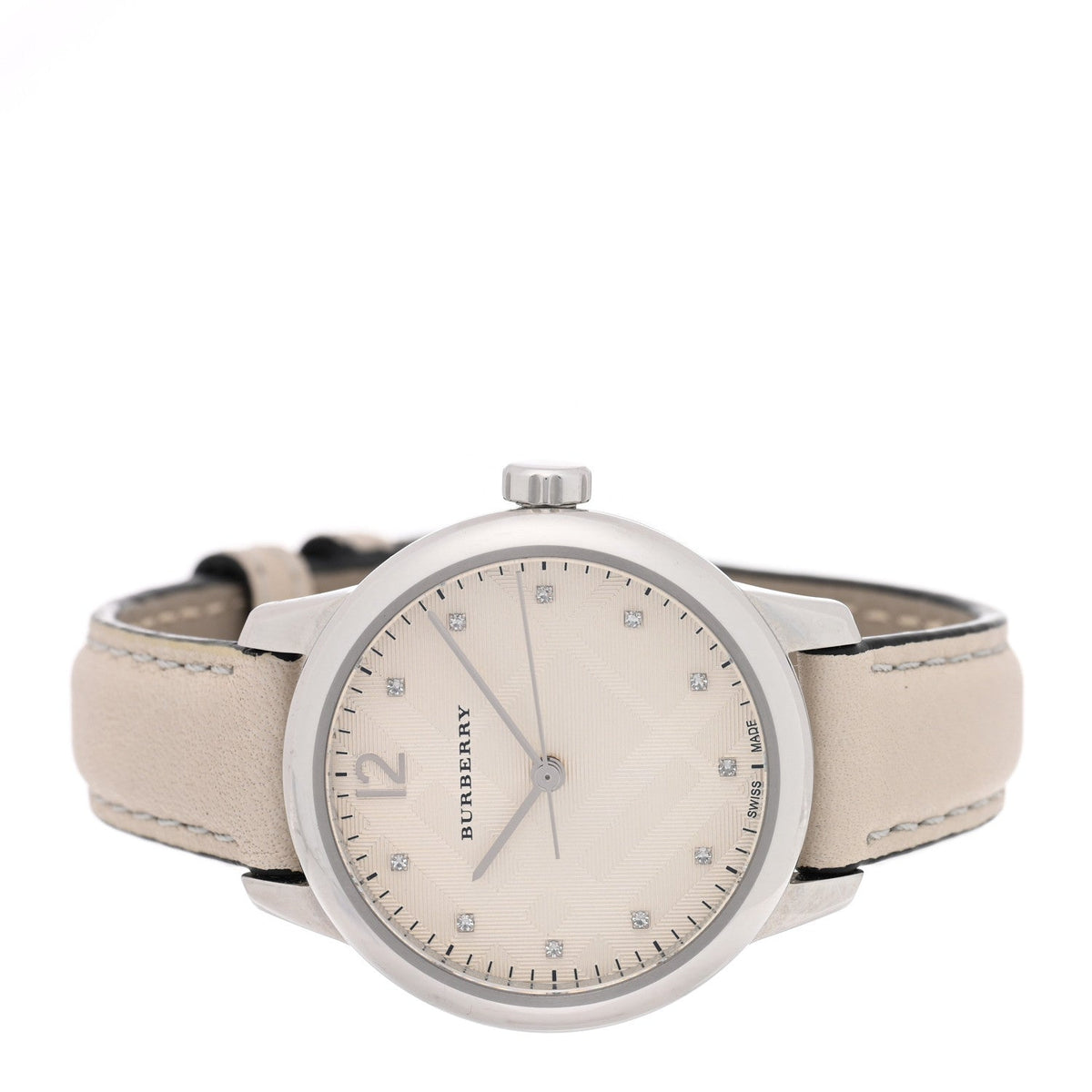 Stainless Steel Calfskin Diamond 32mm Classic Round Quartz Watch Taupe BU10105