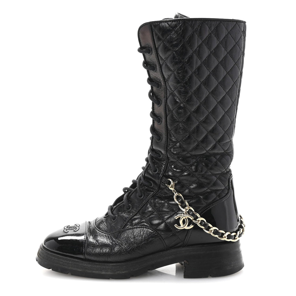 Shiny Calfskin Patent Quilted Chain Lace Up Combat Long Boots 38.5 Black