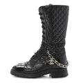 Shiny Calfskin Patent Quilted Chain Lace Up Combat Long Boots 38.5 Black