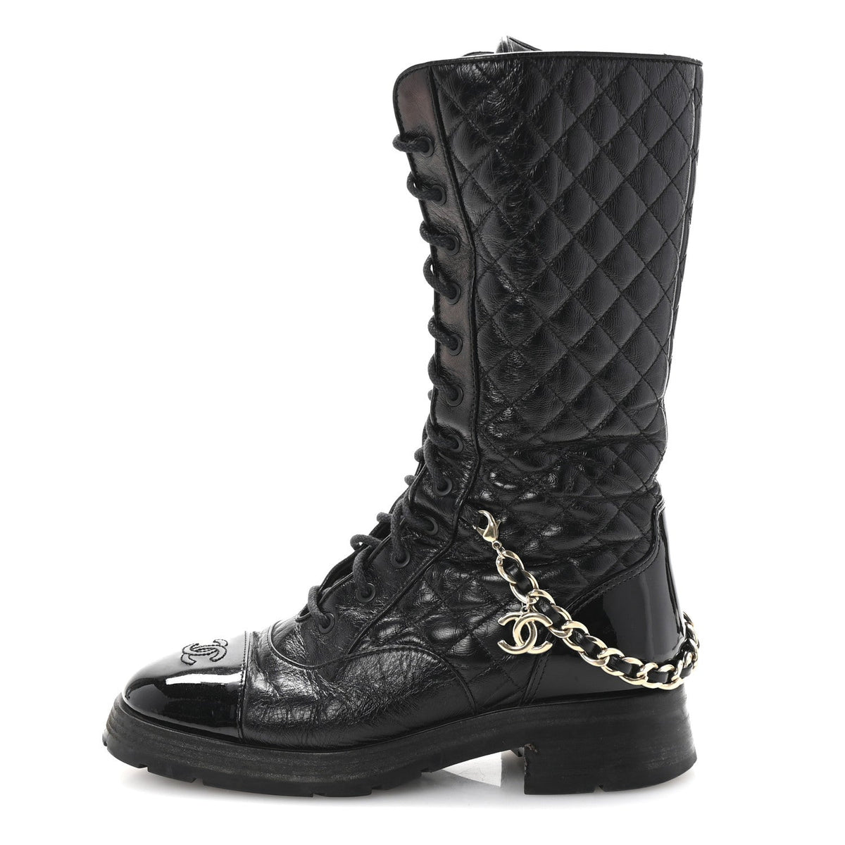 Shiny Calfskin Patent Quilted Chain Lace Up Combat Long Boots 38.5 Black