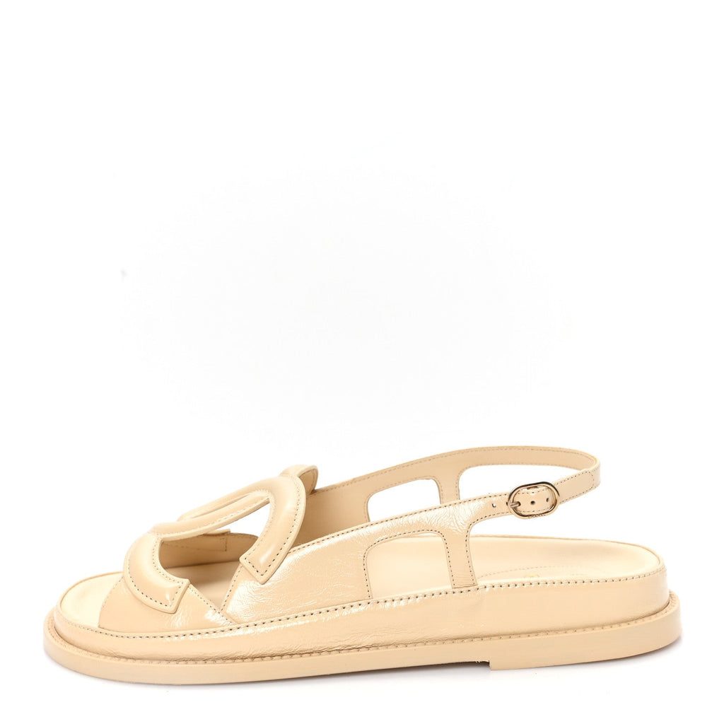 Crumpled Shiny Lambskin CC Cut Out Dad Sandals 40 Beige