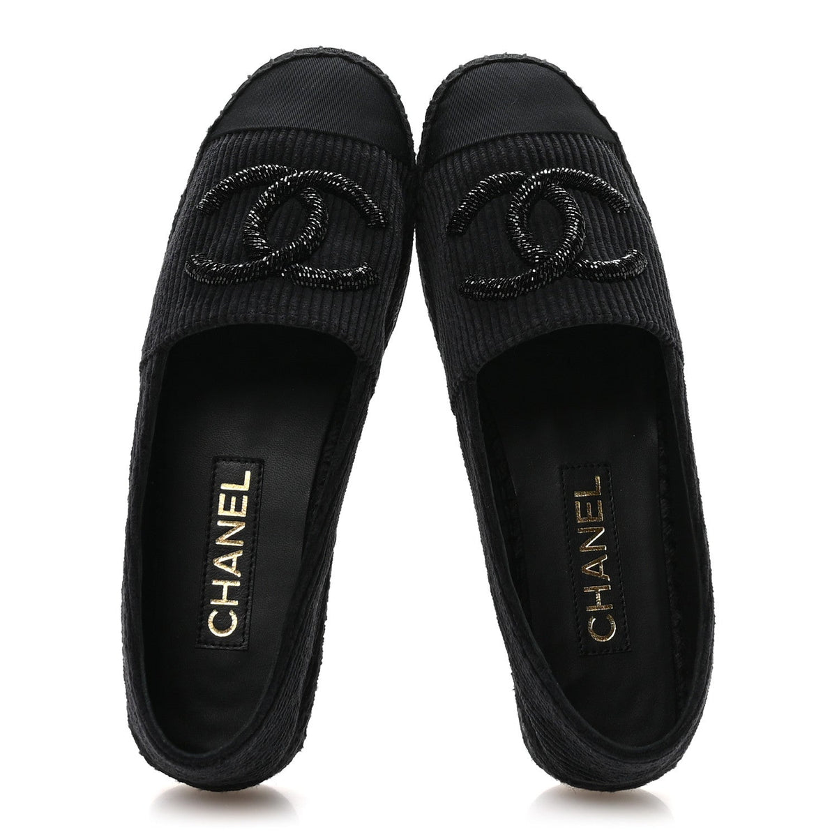 Corduroy Grosgrain Cap Toe CC Espadrille Flats 39 Black