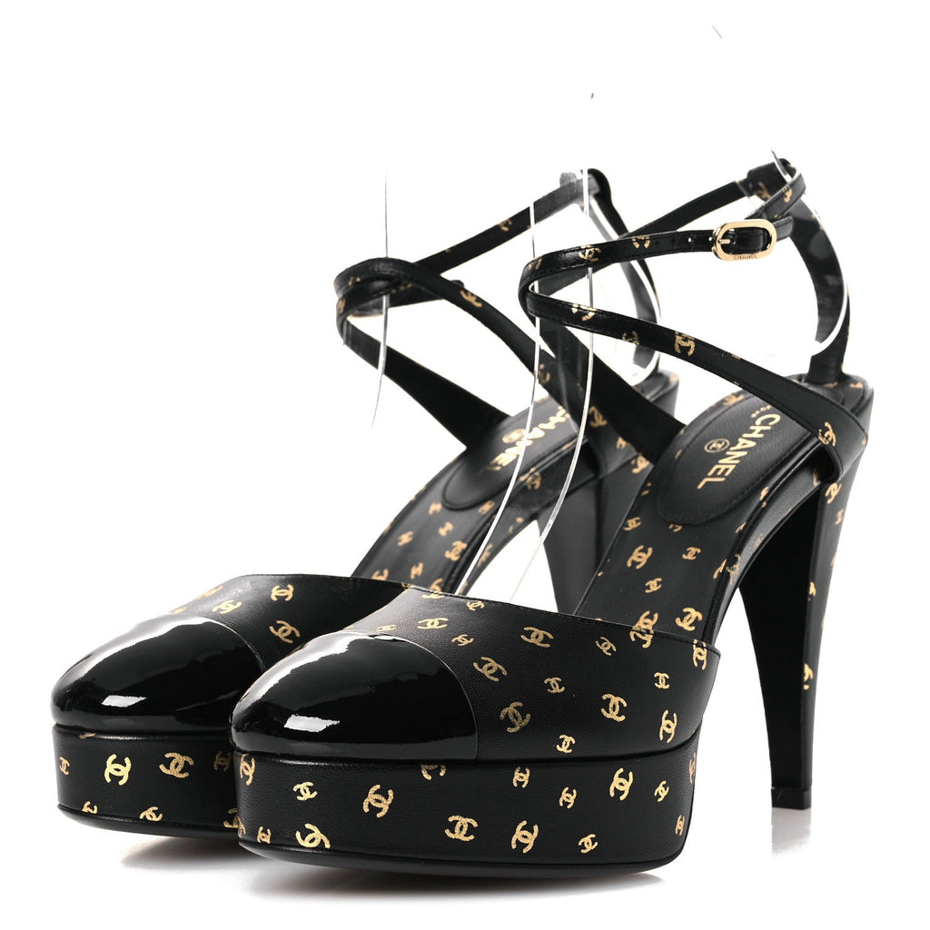 Printed Lambskin CC Platform Pumps 37.5 Black Gold