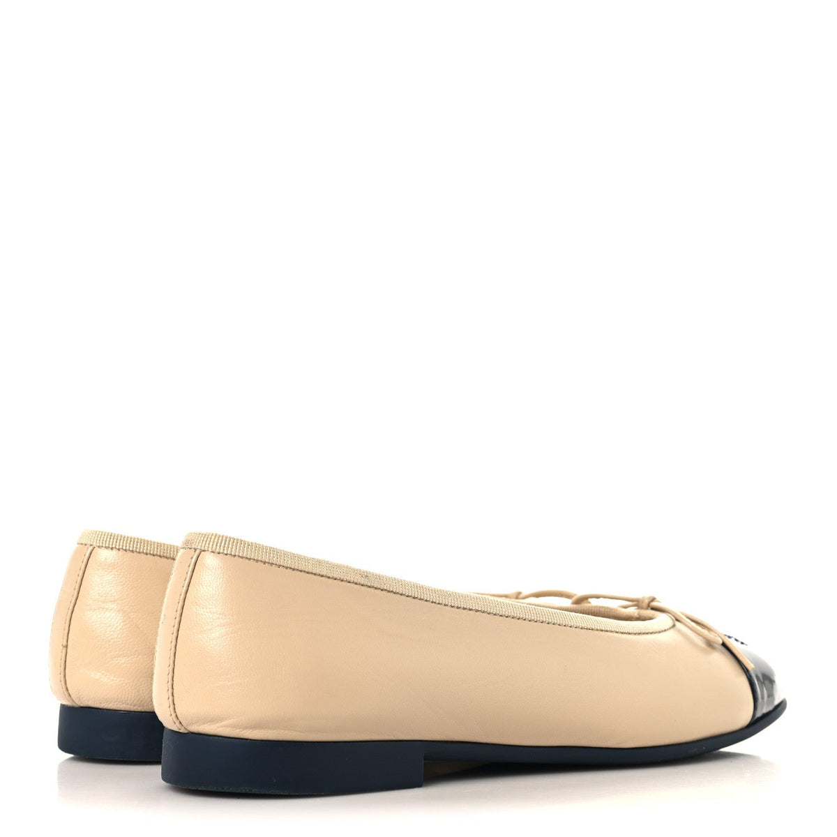 Goatskin Patent Calfskin Cap Toe CC Ballerina Flats 36 Light Beige Navy Blue