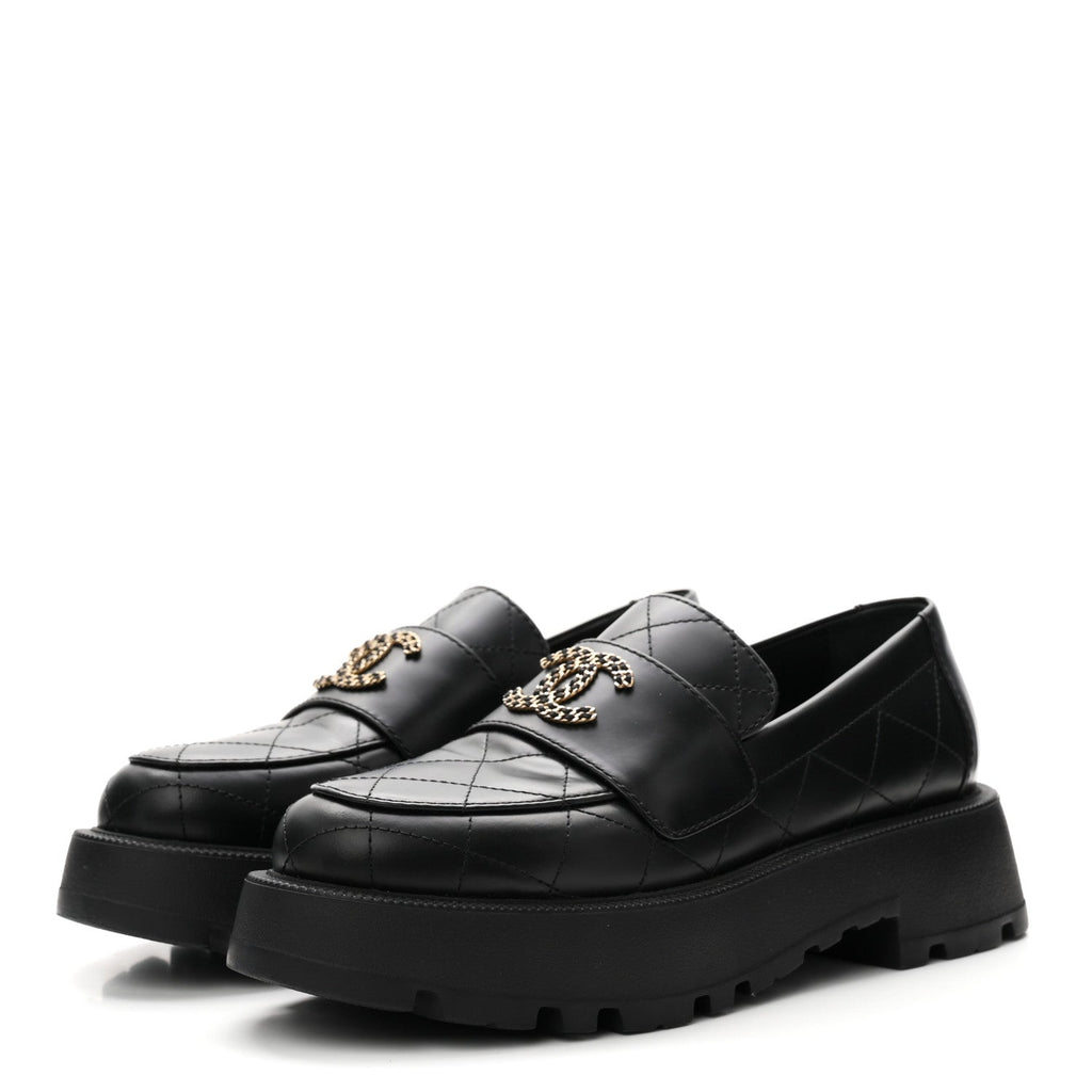 Calfskin Stitched CC Loafers 38.5 Black