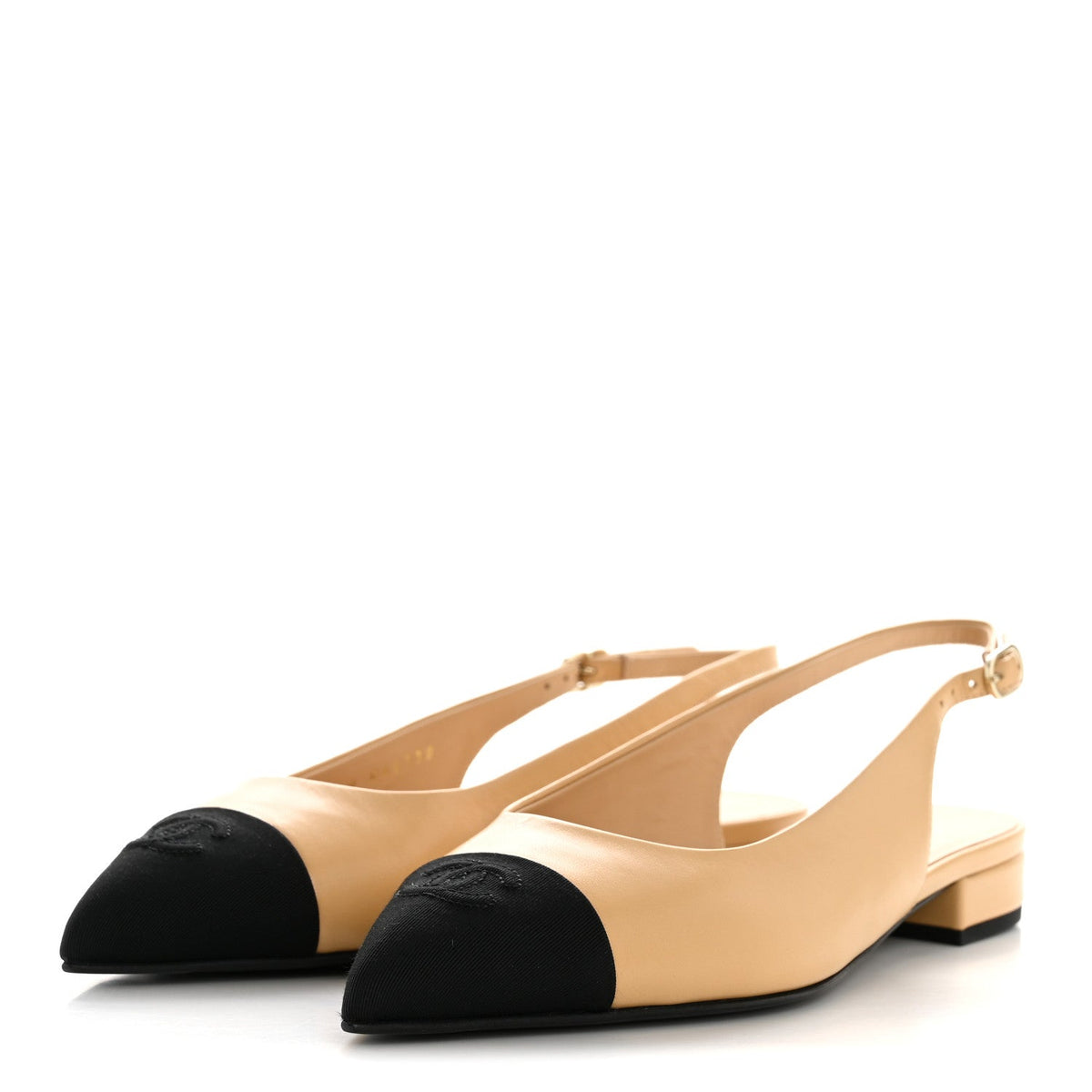 Goatskin Grosgrain Pointed Toe CC Slingback Flats 37.5 Beige Black