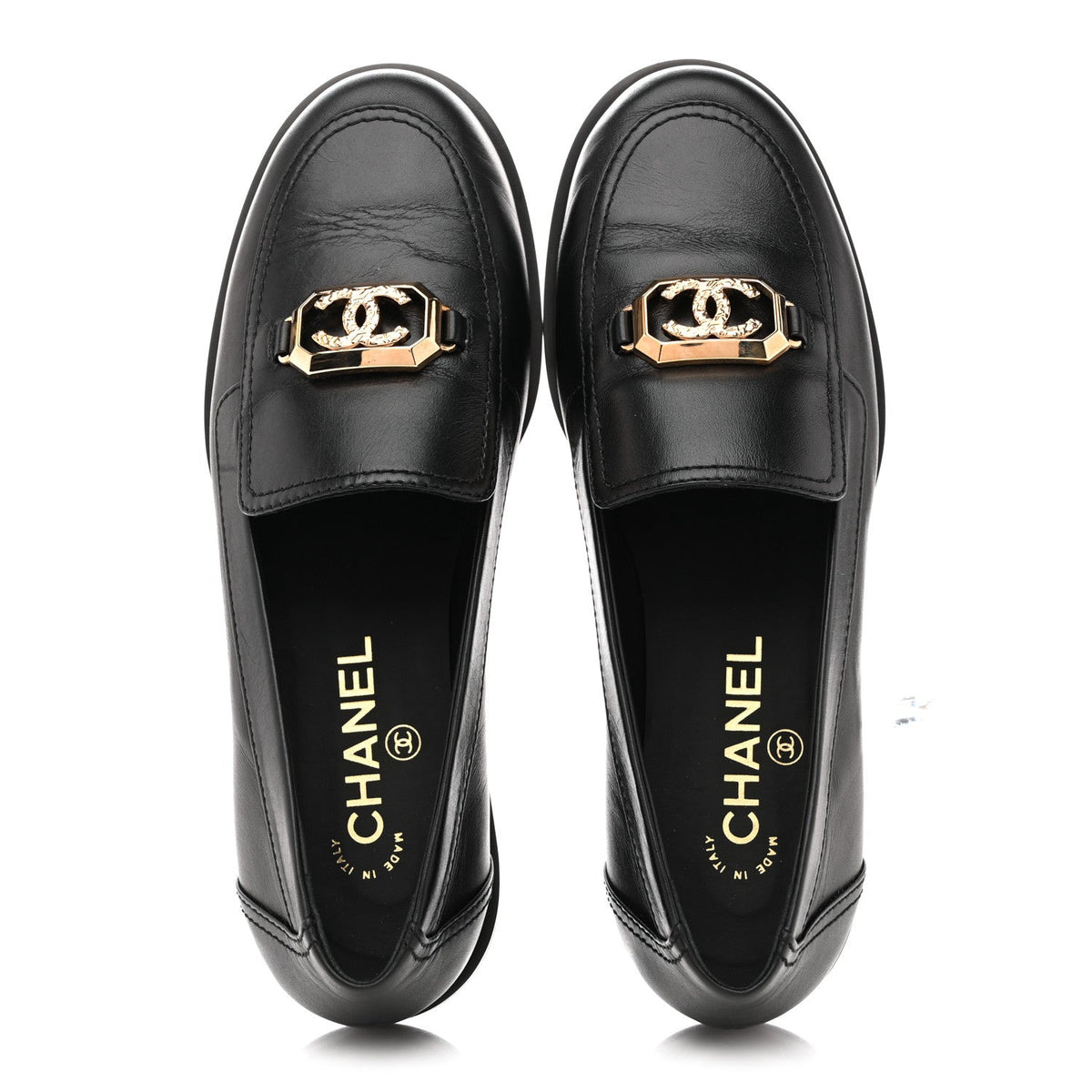 Shiny Calfskin Metal CC Mocassin Loafers 38.5 Black