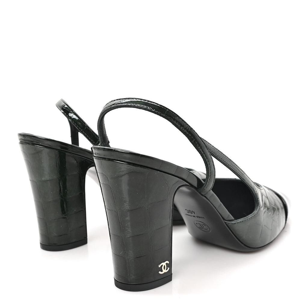 Patent Calfskin Crocodile Embossed Cap Toe CC Slingback 40 Dark Green Black