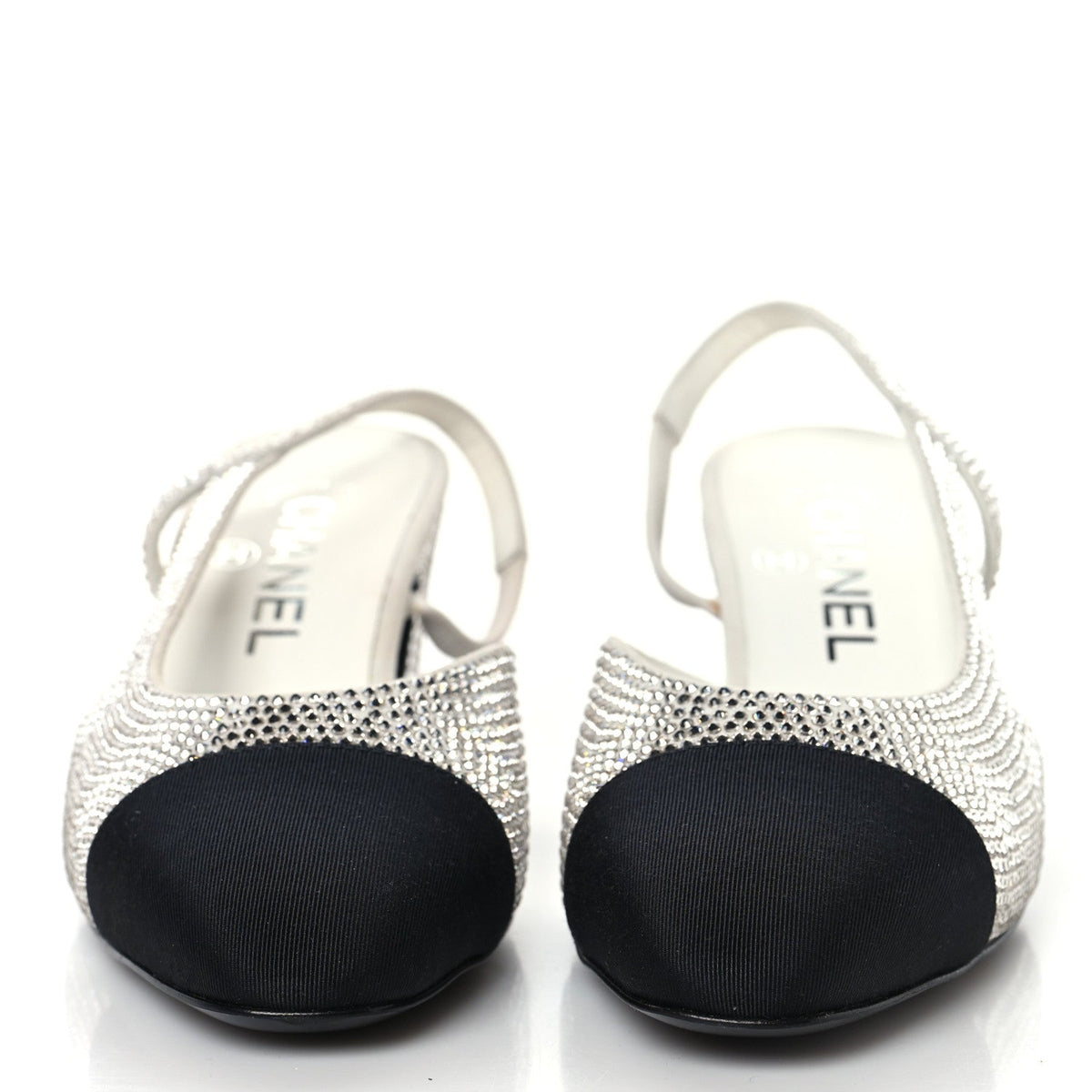 Strass Grosgrain Cap Toe CC Slingback Pumps 36 Silver Black