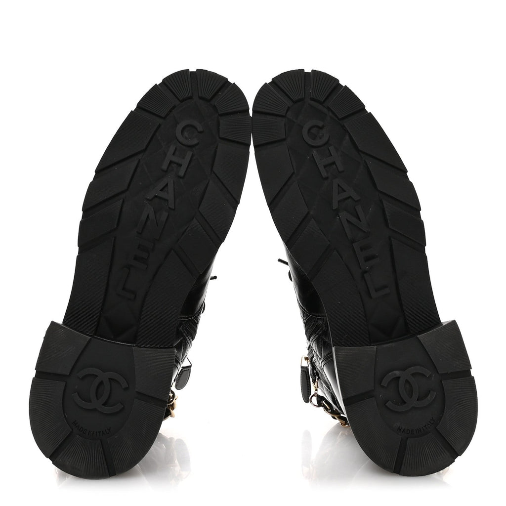 Shiny Calfskin Patent Quilted Chain Lace Up Combat Boots 40.5 Black