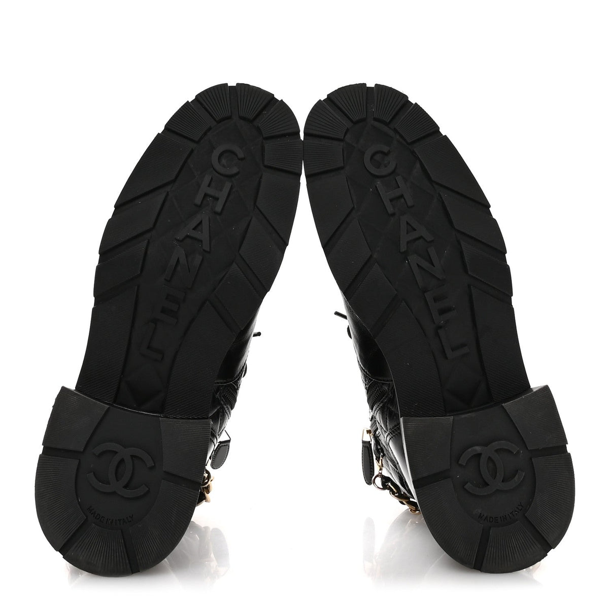 Shiny Calfskin Patent Quilted Chain Lace Up Combat Boots 40.5 Black