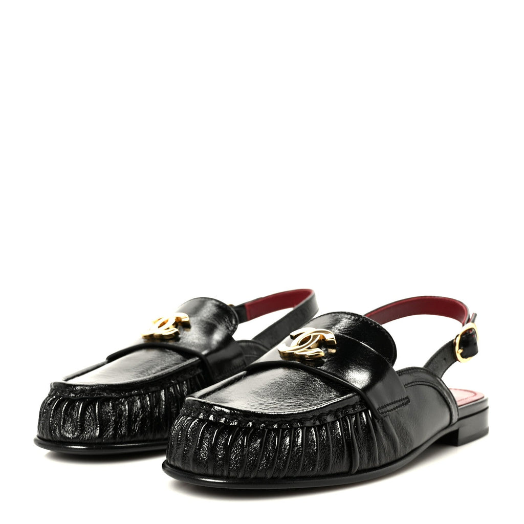 Crumpled Shiny Lambskin CC Slingback Mocassin 38.5 Black