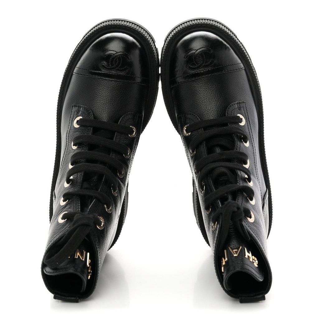 Grained Calfskin Shiny Calfskin CC Lace Up Combat Boots 36.5 Black