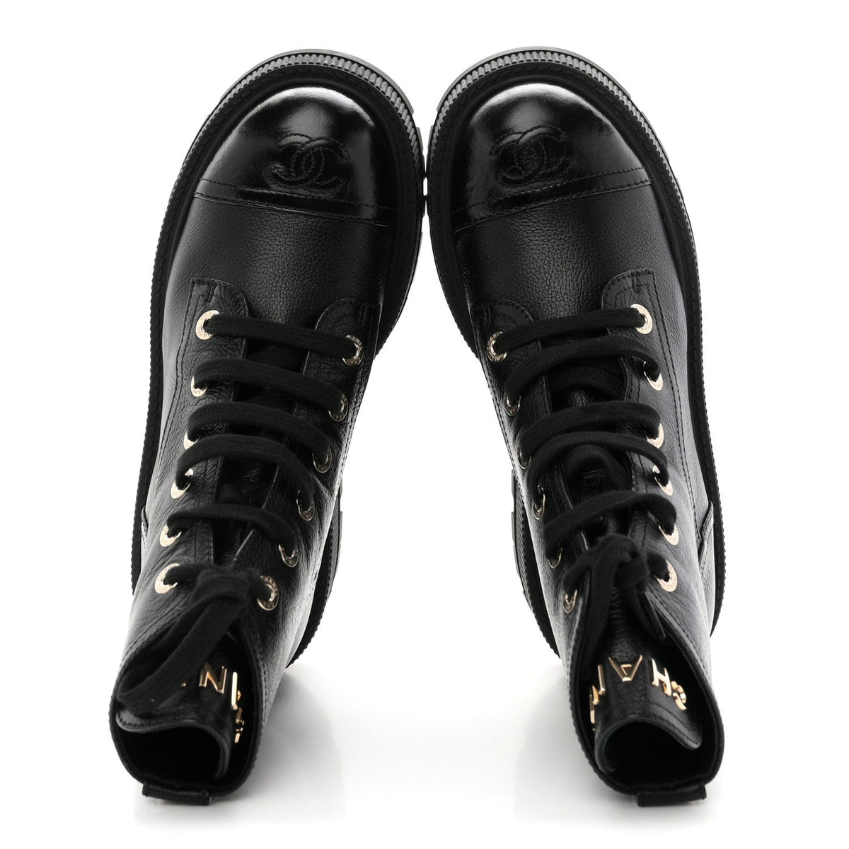 Grained Calfskin Shiny Calfskin CC Lace Up Combat Boots 36.5 Black