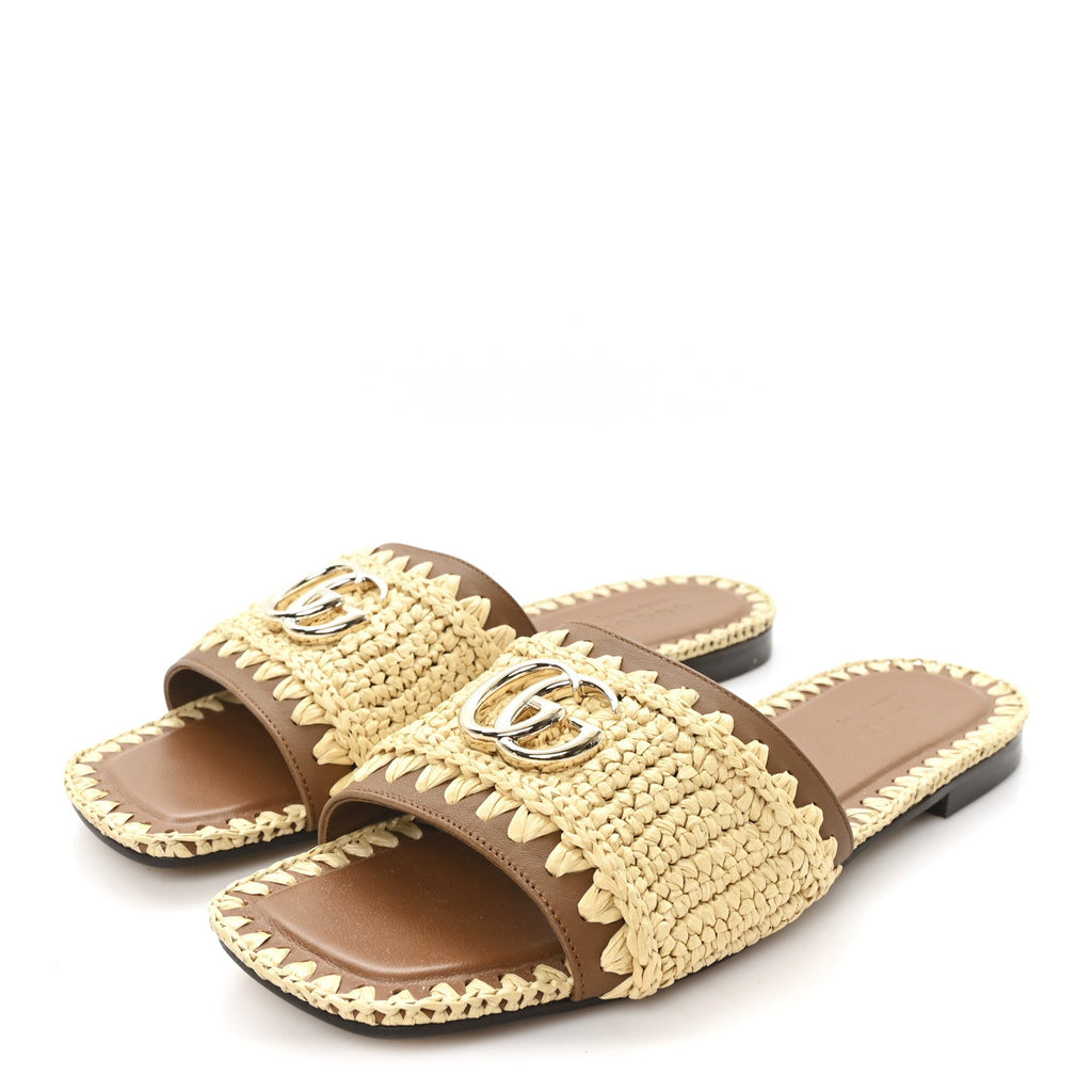 Raffia Interlocking G Flat Slide Sandals 37.5 Bright Natural Sundial