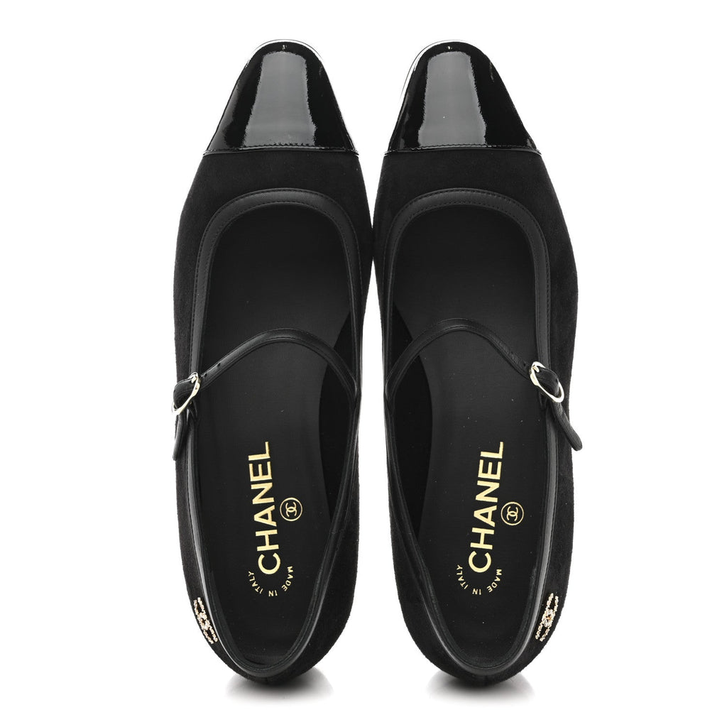 Suede Kidskin Lambskin Patent Calfskin Cap Toe CC Mary Jane Flats 39.5 Black