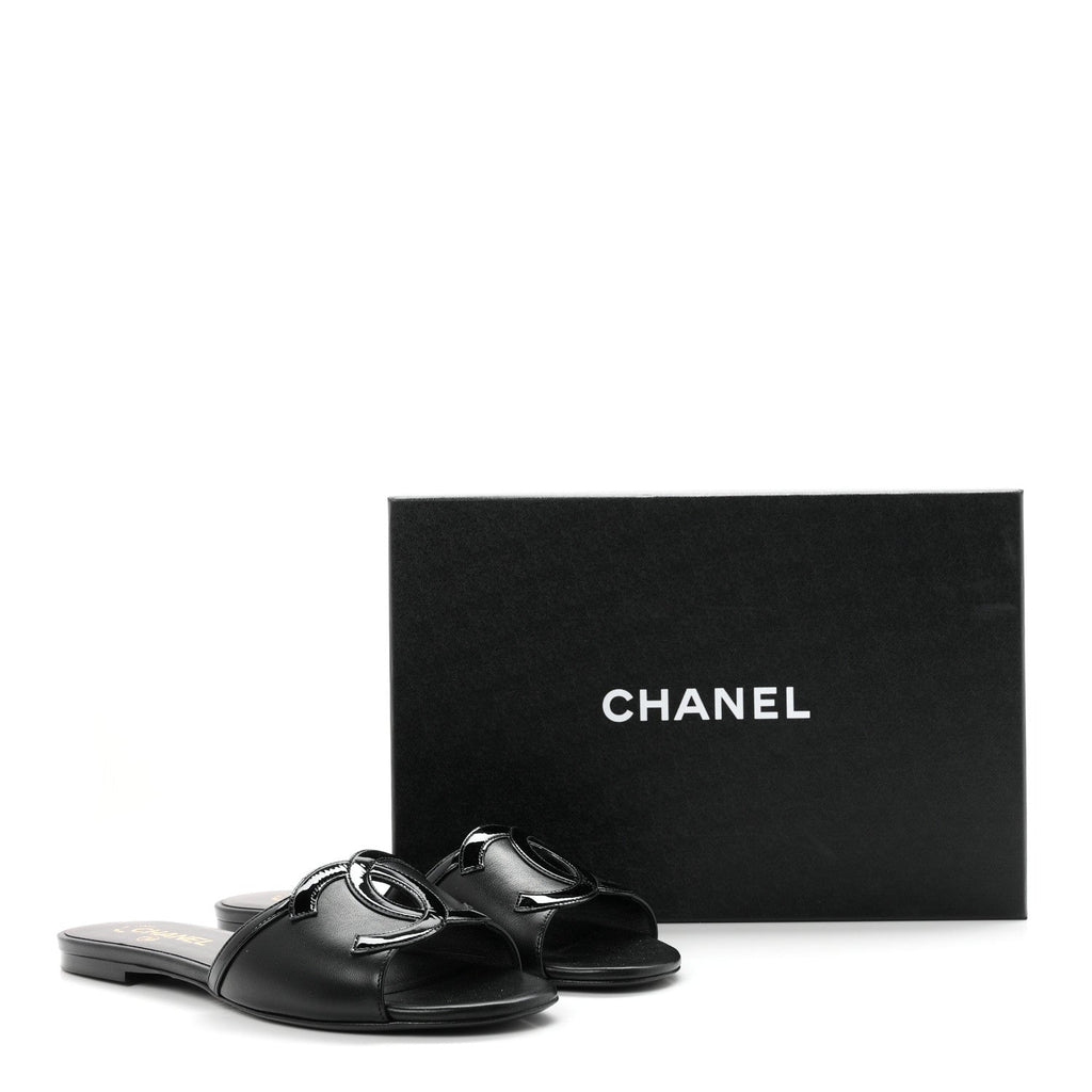 Lambskin Patent Calfskin CC Cutout Mules 39.5 Black