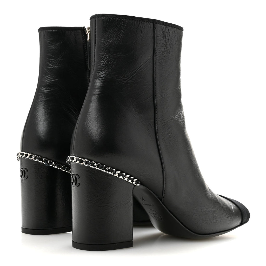 Crumpled Calfskin Cap Toe Chain Short Boots 35 Black