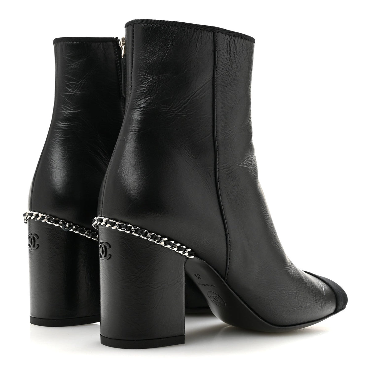 Crumpled Calfskin Cap Toe Chain Short Boots 35 Black