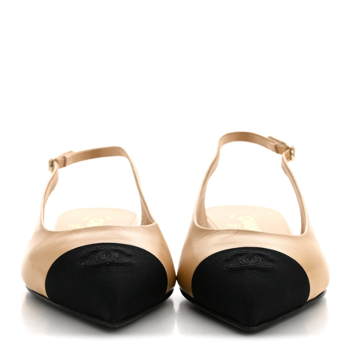 Goatskin Grosgrain Pointed Toe CC Slingback Flats 37.5 Beige Black