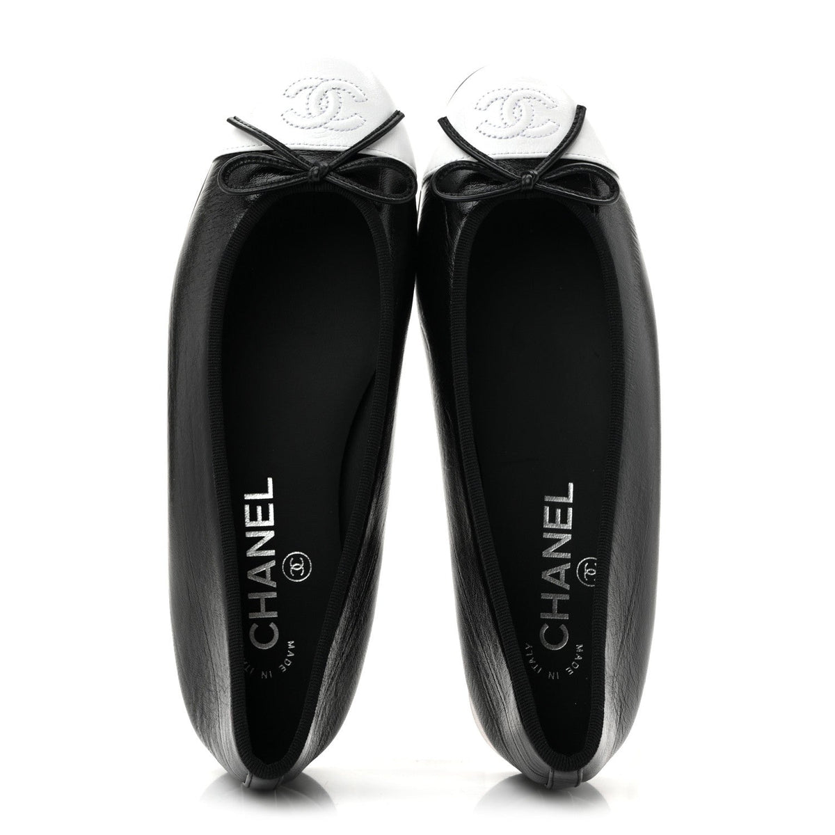 Crumpled Shiny Lambskin Cap Toe CC Ballerina Flats 36.5 Black White 36.5 Black White
