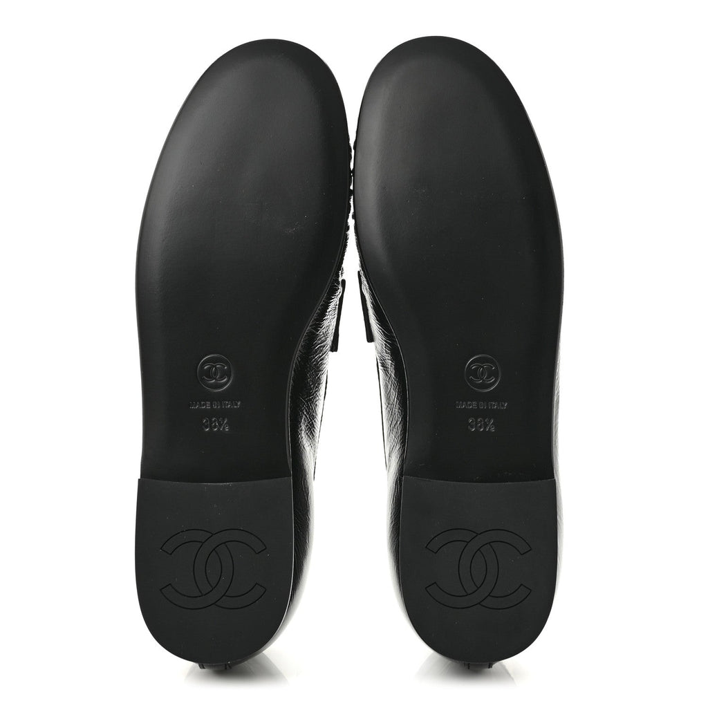 Crumpled Shiny Lambskin CC Mocassin Loafers 38.5 Black