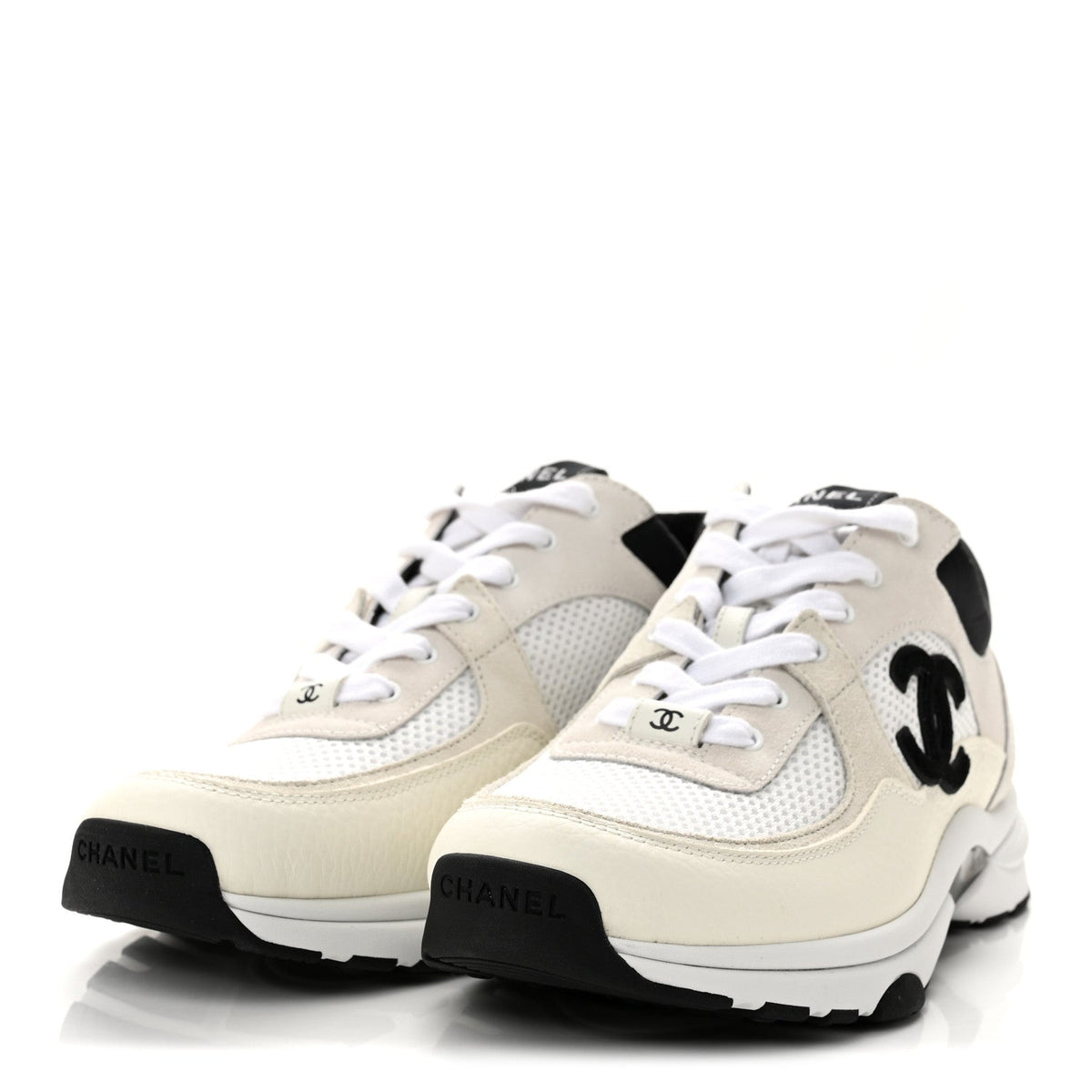 Mesh Suede Grained Calfskin Womens CC Sneakers 39.5 White Black