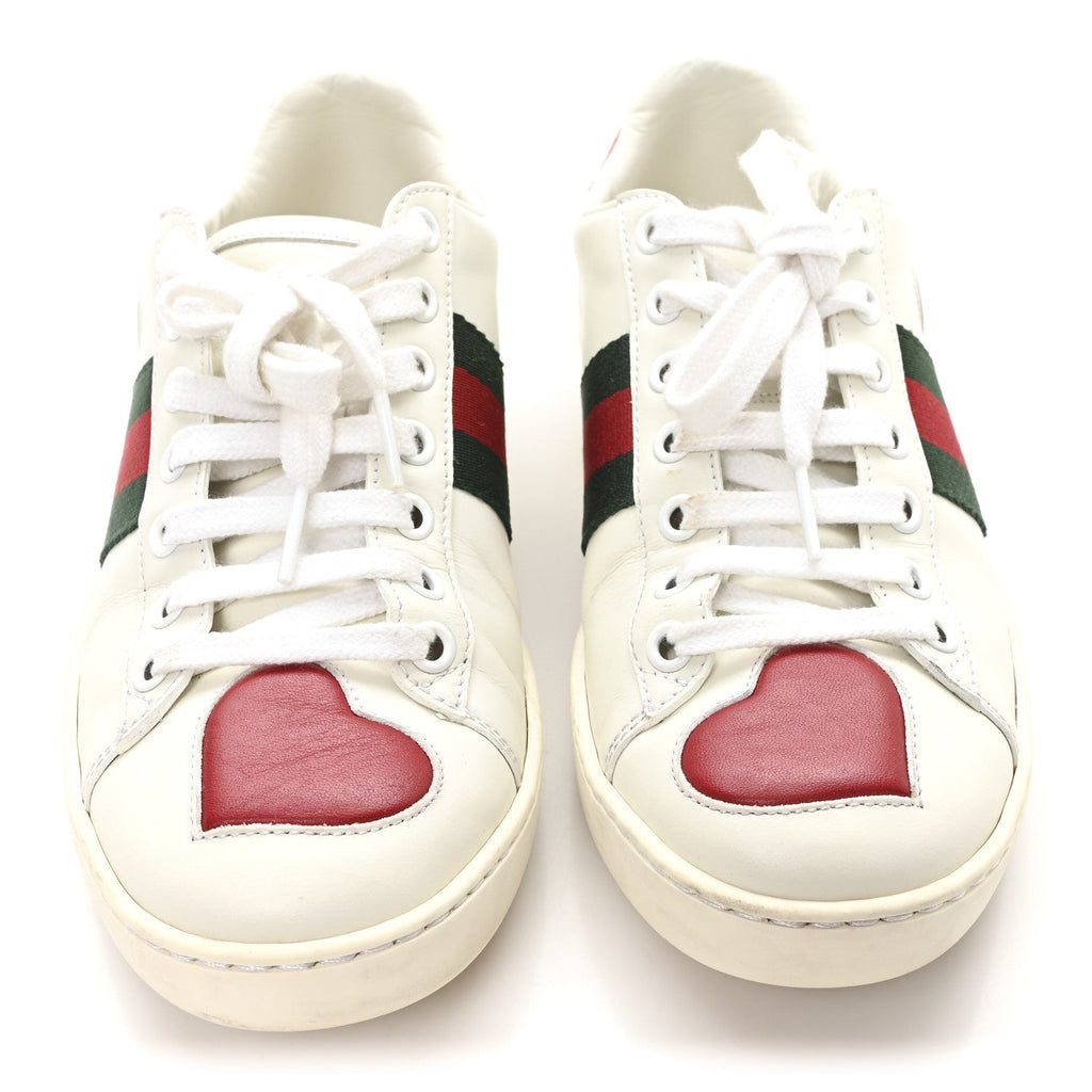 Calfskin Web Heart Embroidered Womens Ace Sneakers 36 White
