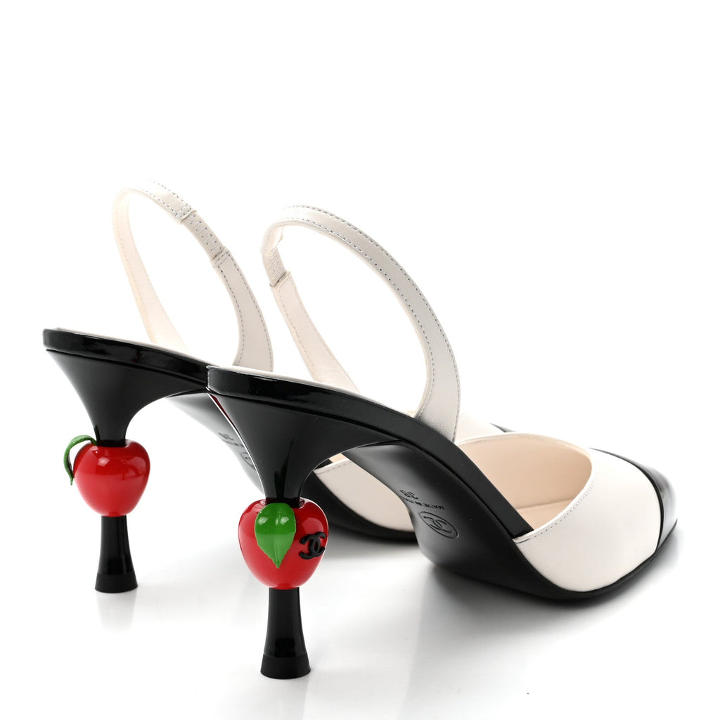 Lambskin Patent Calfskin Cap Toe CC Apple Slingback Pumps 38 White Black