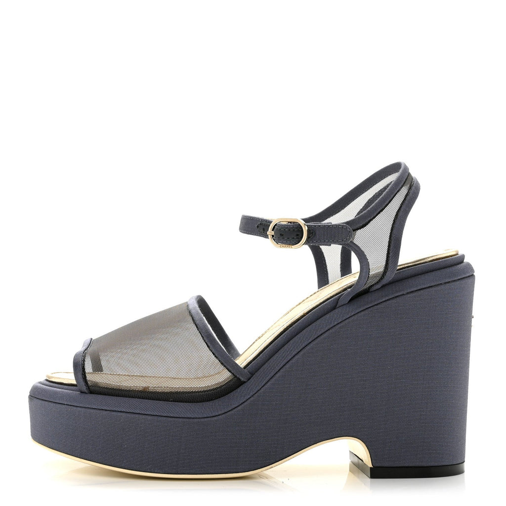 Mesh Grosgrain Wedge Sandals 37 Blue