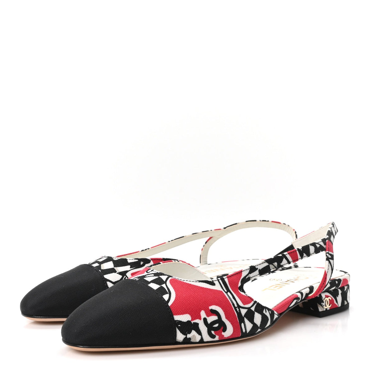 Printed Fabric Grosgrain Cap Toe CC Slingback Flats 38 Red Black White
