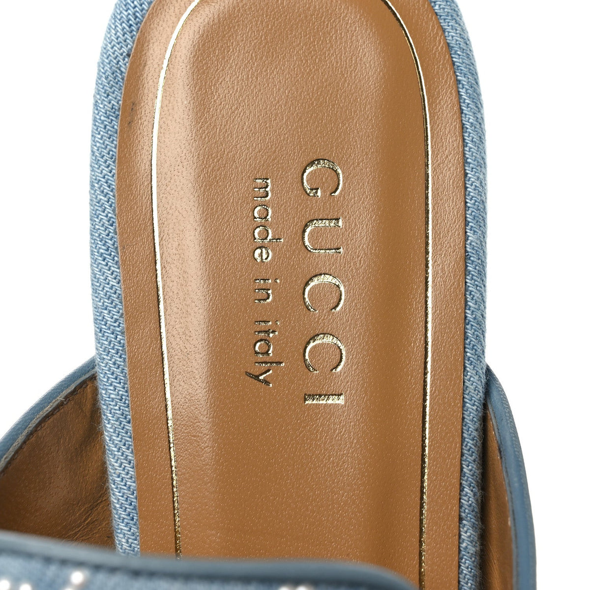 GG Denim Monogram Pearl Womens Princetown Slippers 37 Light Blue