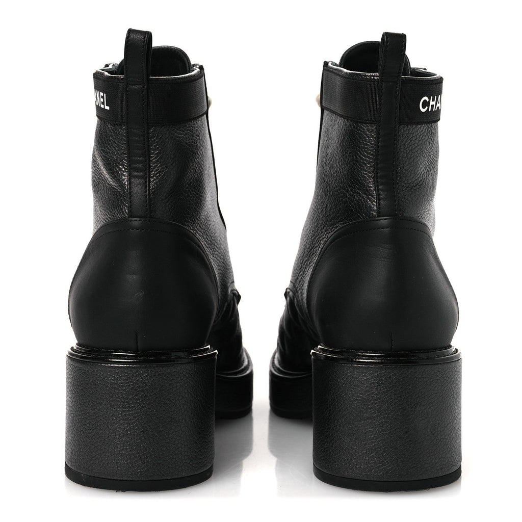 Pearly Calfskin Patent Calfskin Lace Up Combat Boots 38 Black