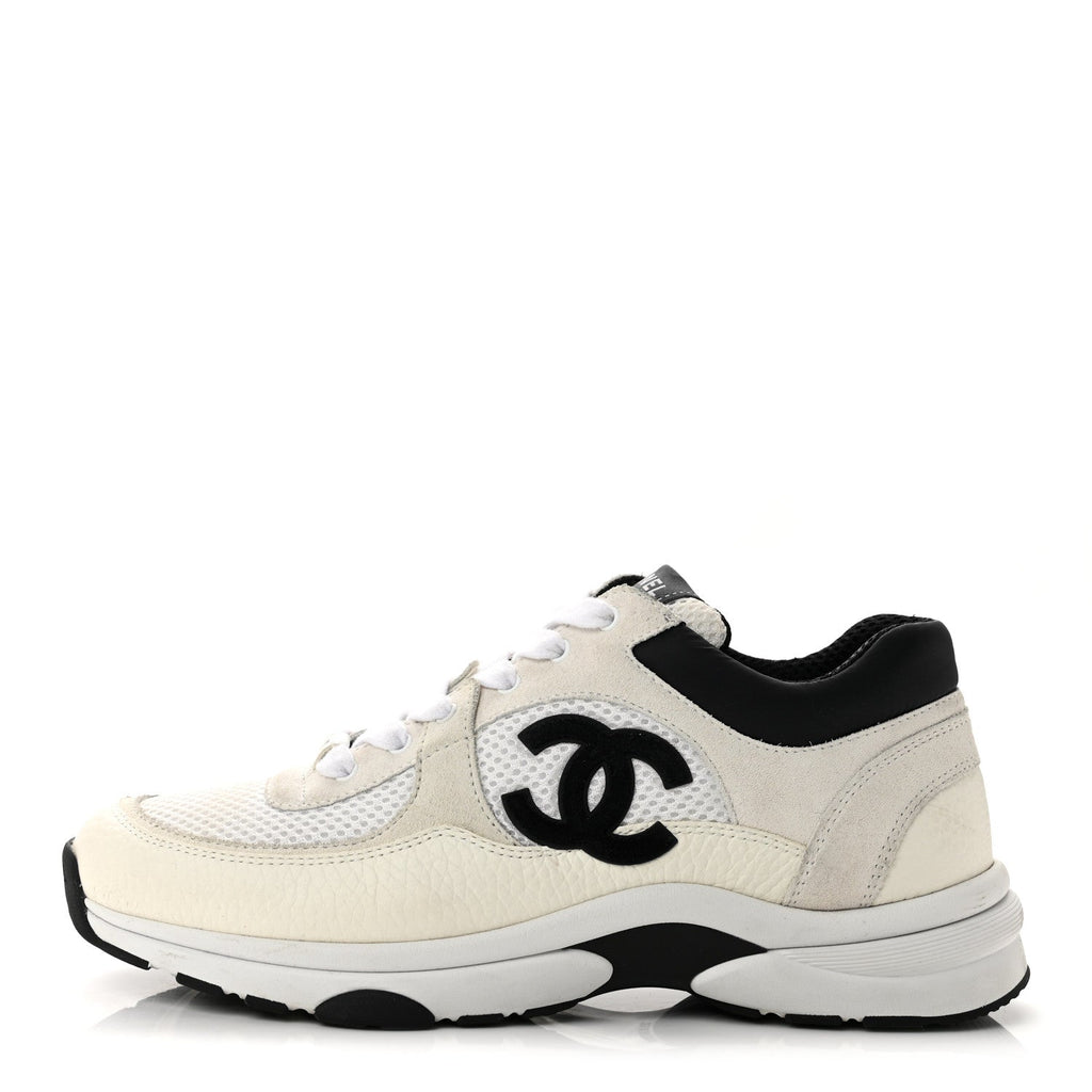 Mesh Suede Grained Calfskin Womens CC Sneakers 39 White Black