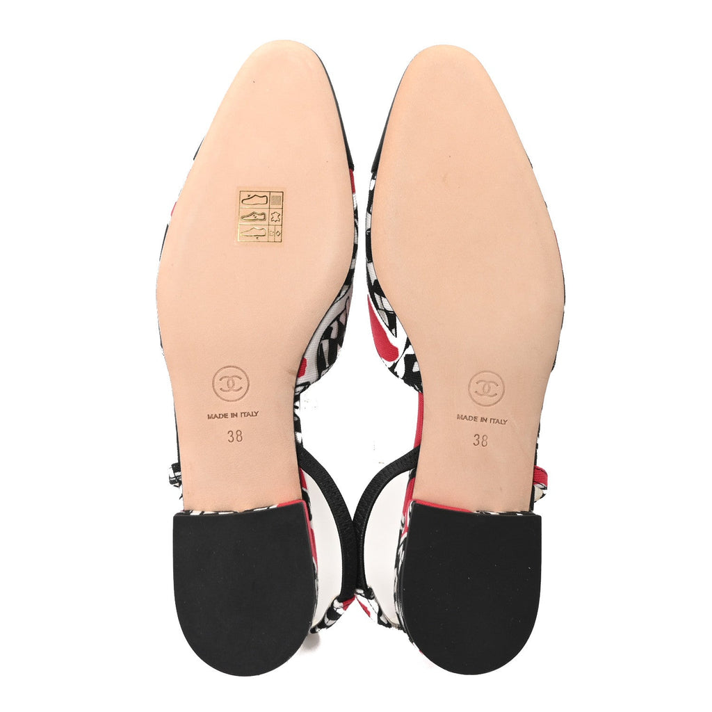 Printed Fabric Grosgrain Cap Toe CC Slingback Flats 38 Red Black White