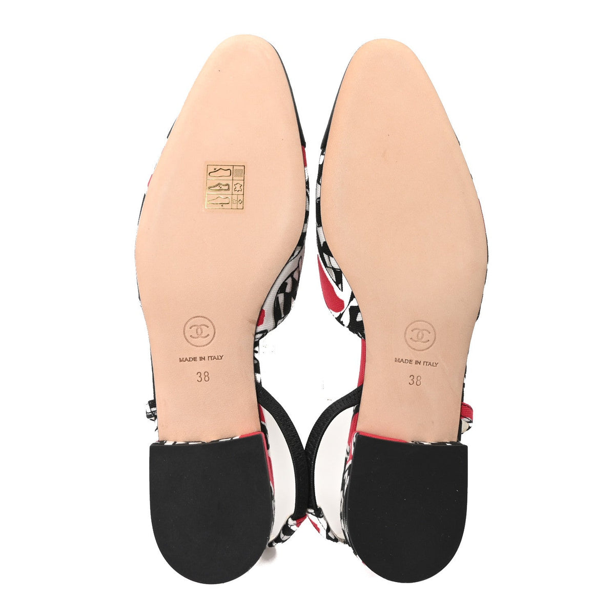 Printed Fabric Grosgrain Cap Toe CC Slingback Flats 38 Red Black White