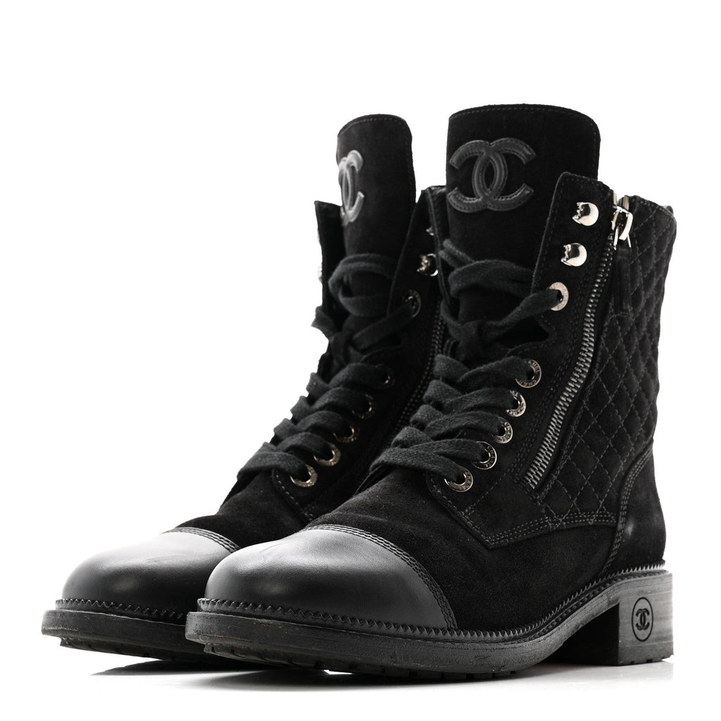 Suede Calfskin Quilted Lace Up Boots 38 Black