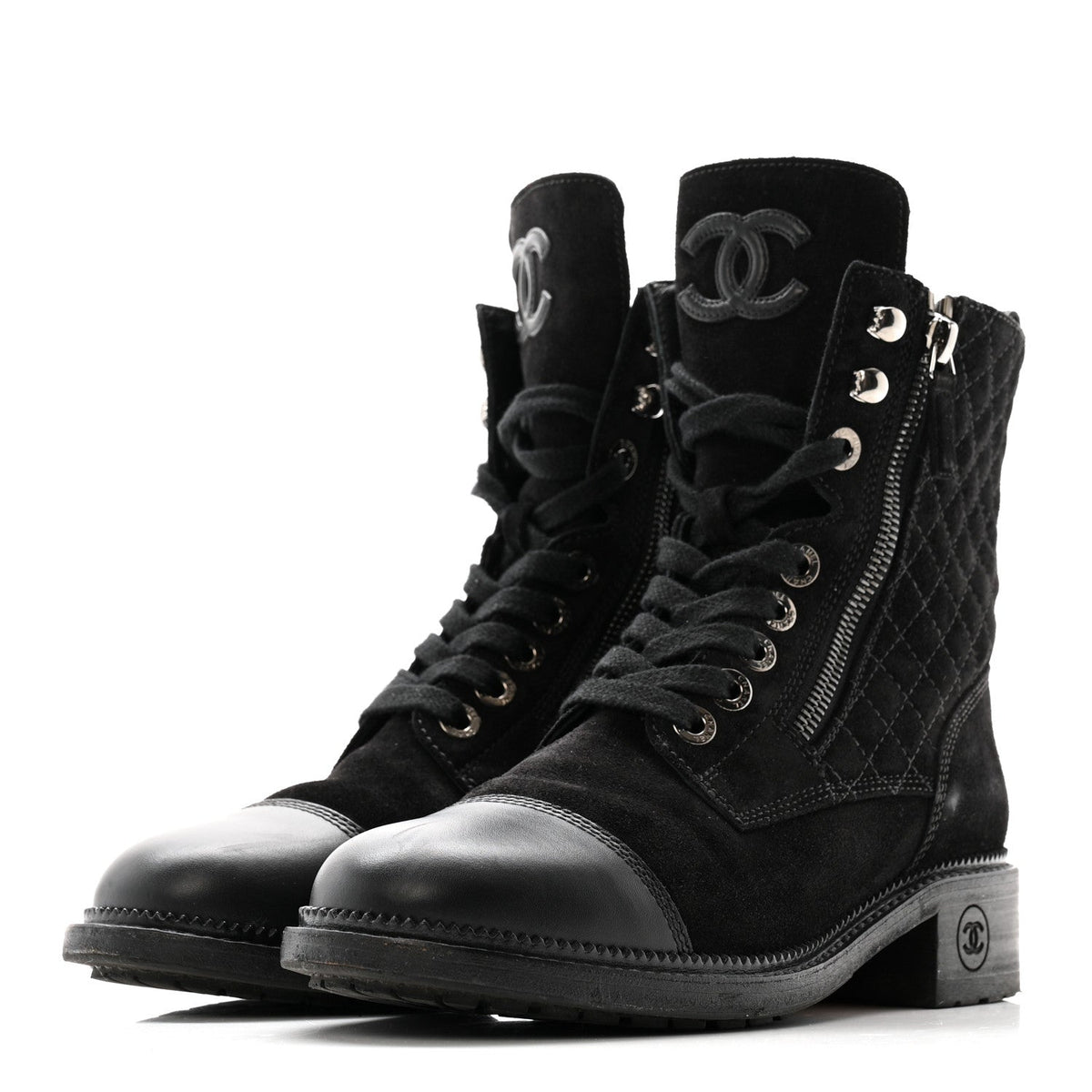 Suede Calfskin Quilted Lace Up Boots 38 Black
