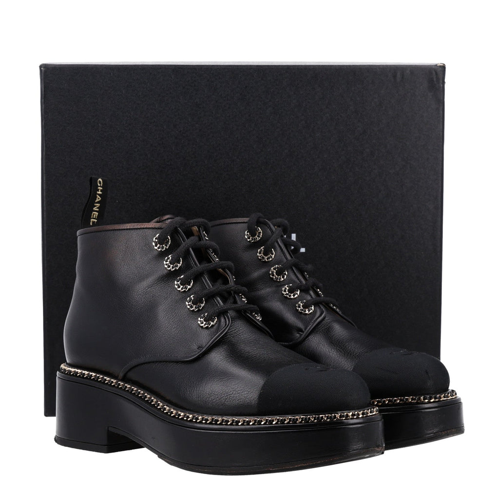 Calfskin Grosgrain Chain Lace Up CC Short Boots 41 Black